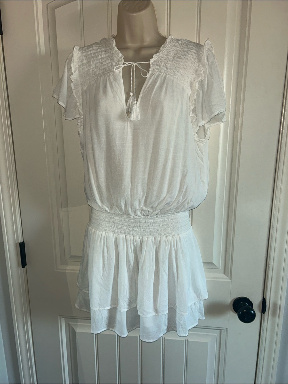 PAIGE White Smocked Waist Tiered Mini Dress Sz L